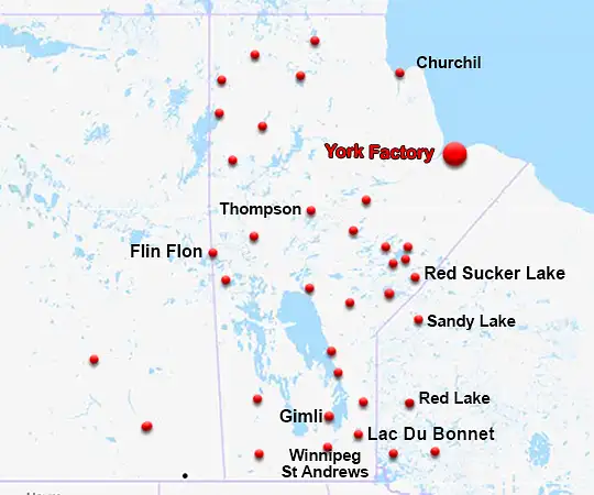 Map showing the location of York Factory in Manitoba